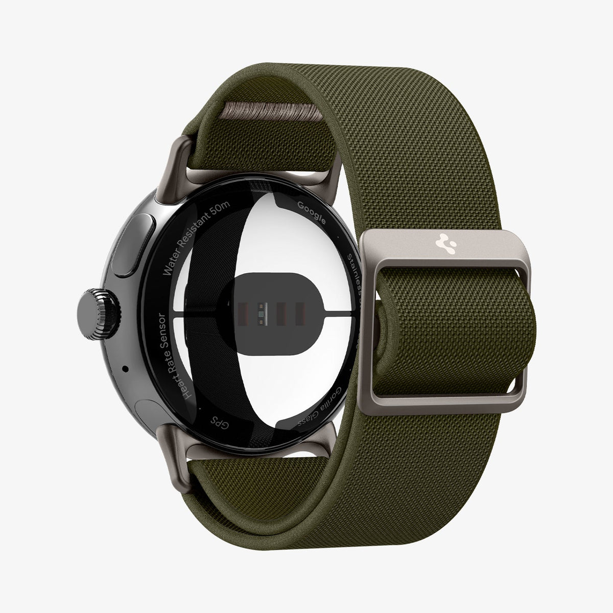 AMP07608 - Pixel Watch 5 (41mm) Lite Fit Khaki rear view displaying the seamless connector and secure attachment system.