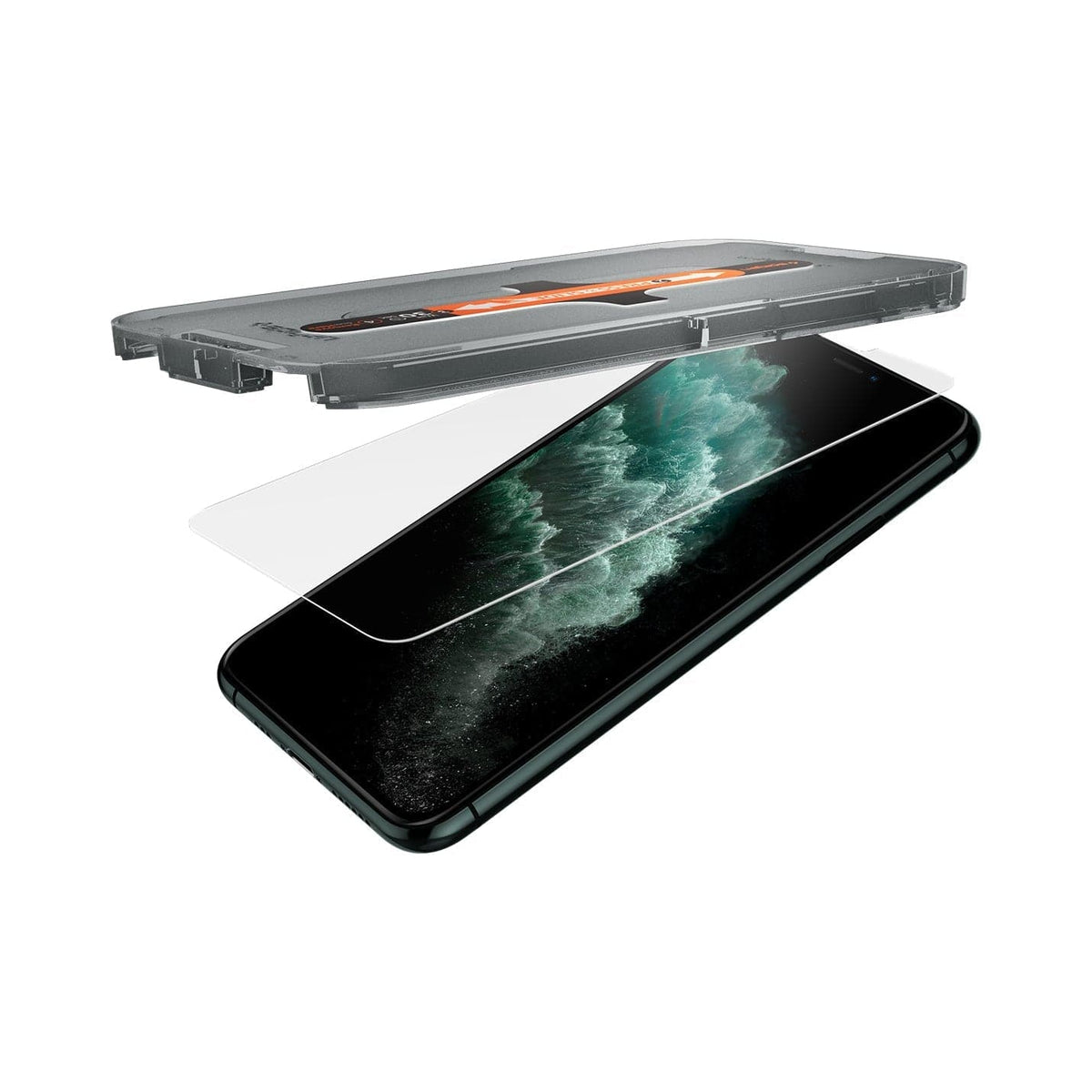 063GL25358 - iPhone XS / X Screen Protector GLAS.tR EZ Fit showing the ez fit tray and screen protector being installed onto the device