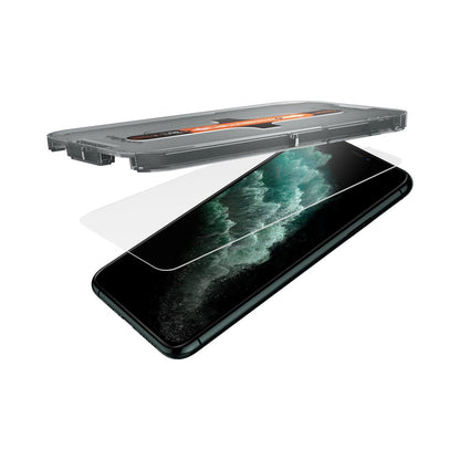 063GL25358 - iPhone XS / X Screen Protector GLAS.tR EZ Fit showing the ez fit tray and screen protector being installed onto the device