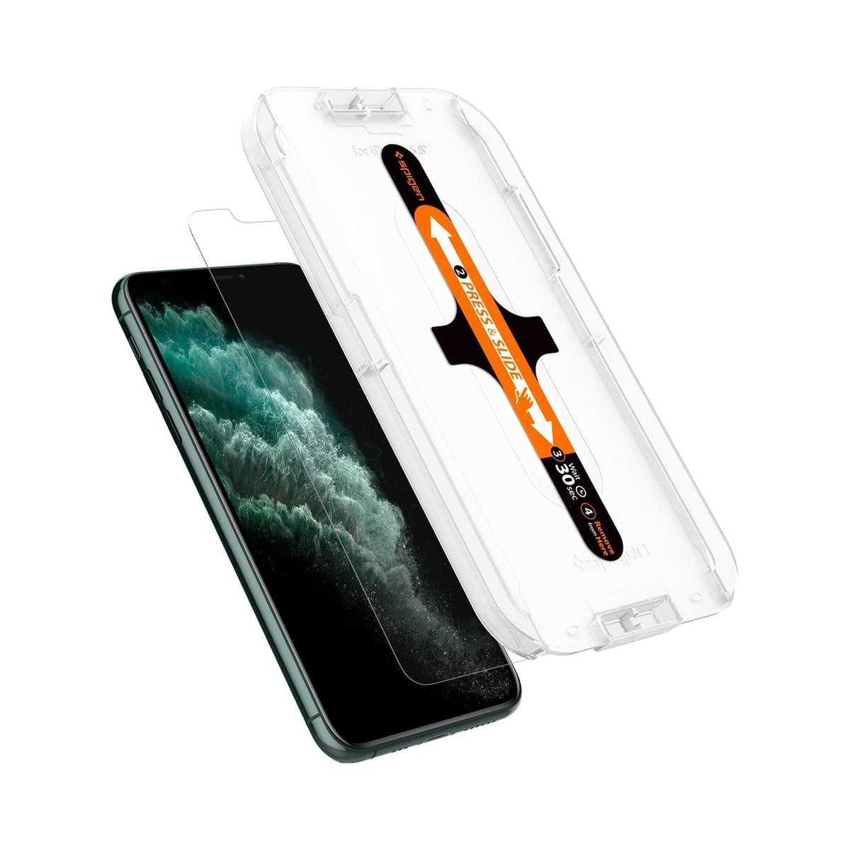 063GL25358 - iPhone XS / X Screen Protector GLAS.tR EZ Fit showing the ez fit tray and screen protector hovering in front of device