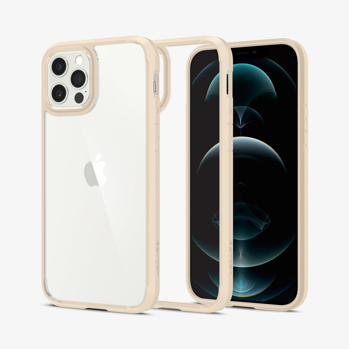 ACS02177 - iPhone 12 Pro / 12 Case Ultra Hybrid in sand beige showing the back, inside and front