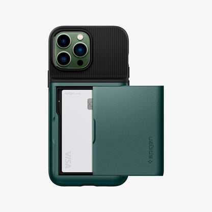 ACS04559 - iPhone 13 Pro Max Case Slim Armor CS in midnight green showing the back with card in slot