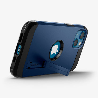 ACS03333 - iPhone 13 Mini Case Tough Armor in navy blue showing the bottom and back with kickstand out
