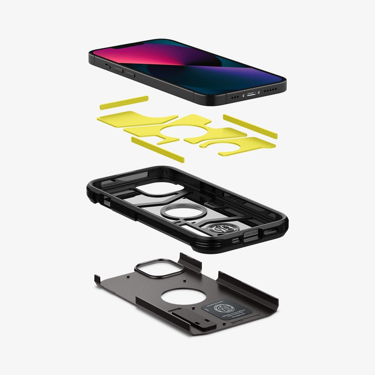 ACS03330 - iPhone 13 Mini Case Tough Armor in gunmetal showing the hard pc layer, flexible tpu layer, impact foam and device