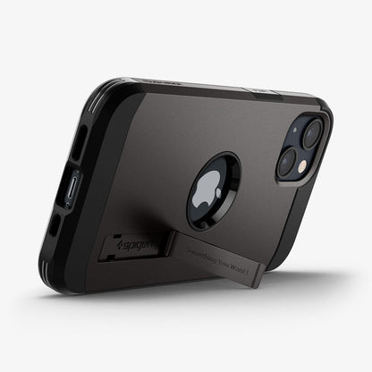 ACS03330 - iPhone 13 Mini Case Tough Armor in gunmetal showing the bottom and back with kickstand out