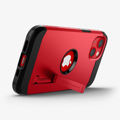 ACS03332 - iPhone 13 Mini Case Tough Armor in red showing the bottom and back with kickstand out