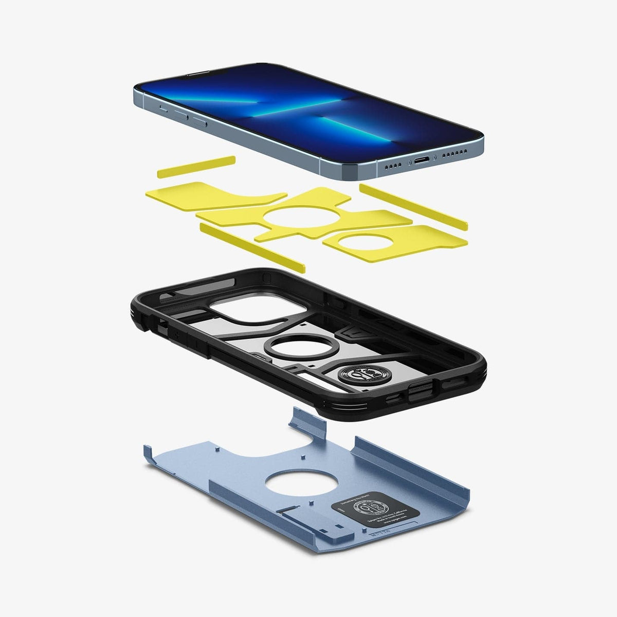 ACS03839 - iPhone 13 Pro Case Tough Armor in sierra blue showing the hard PC layer, flexible TPU layer, impact foam and device