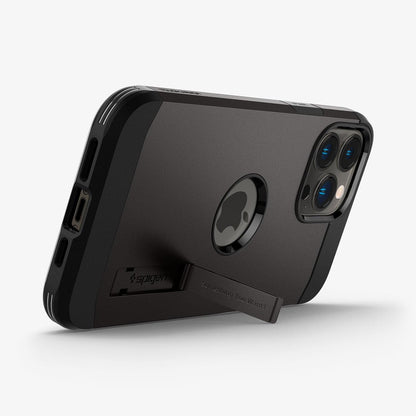 ACS03276 - iPhone 13 Pro Case Tough Armor in gunmetal showing the bottom and back with kickstand out