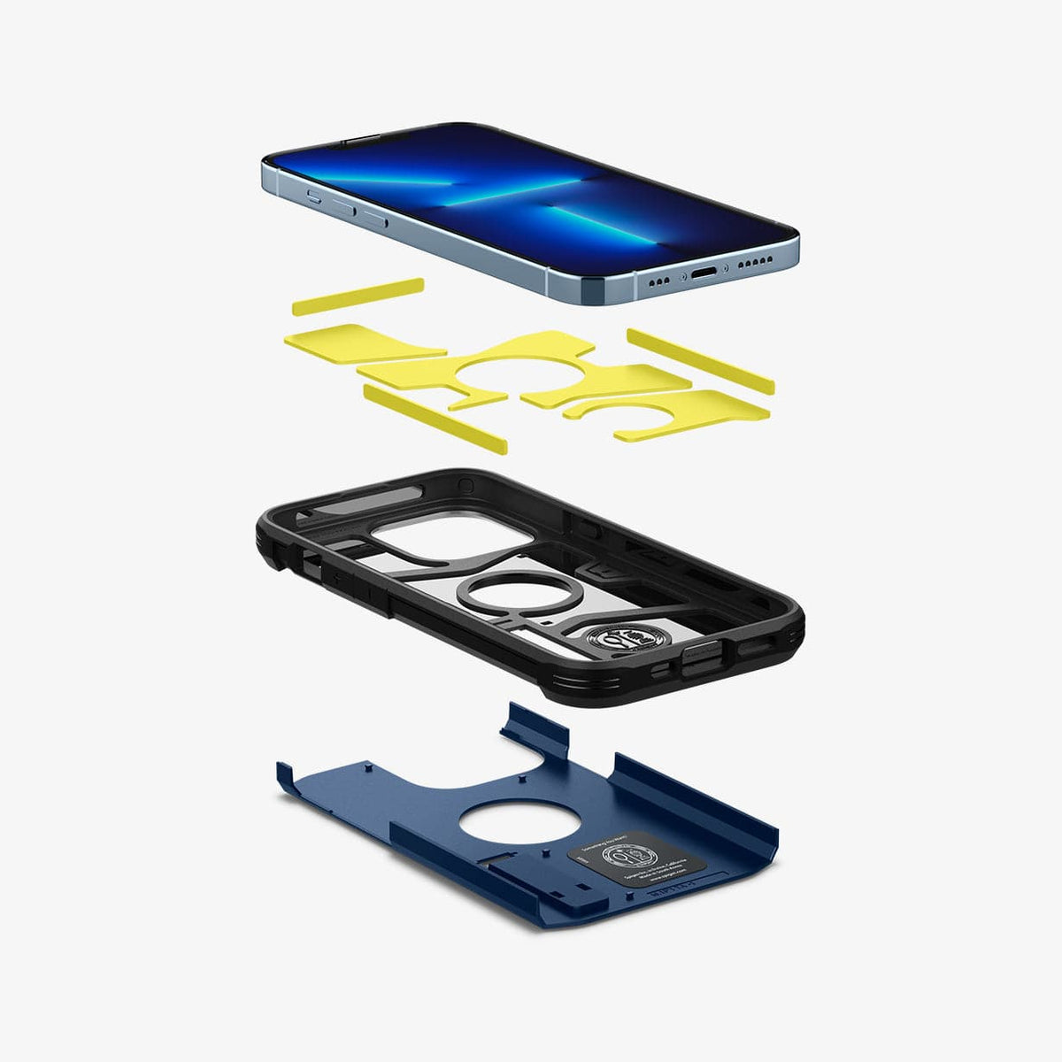 ACS03279 - iPhone 13 Pro Case Tough Armor in navy blue showing the hard PC layer, flexible TPU layer, impact foam and device