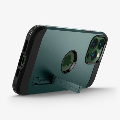 ACS04564 - iPhone 13 Pro Max Case Tough Armor in midnight green showing the back and bottom with device propped up horizontally by built in kickstand