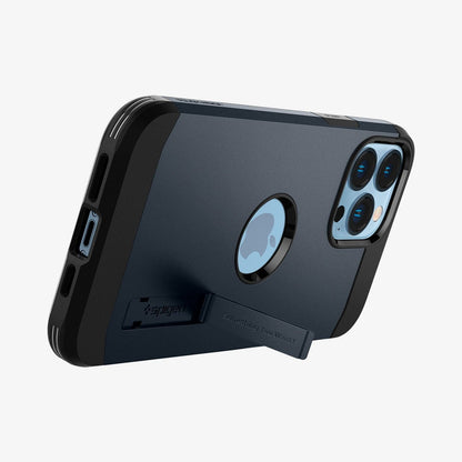 ACS03223 - iPhone 13 Pro Max Case Tough Armor in metal slate showing the back and bottom with device propped up by built in kickstand