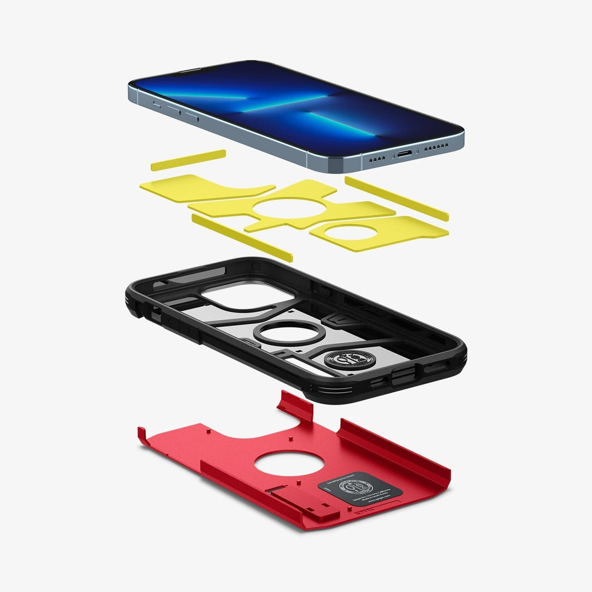 ACS03224 - iPhone 13 Pro Max Case Tough Armor in red showing the hard PC layer, flexible TPU layer, impact foam layer and device