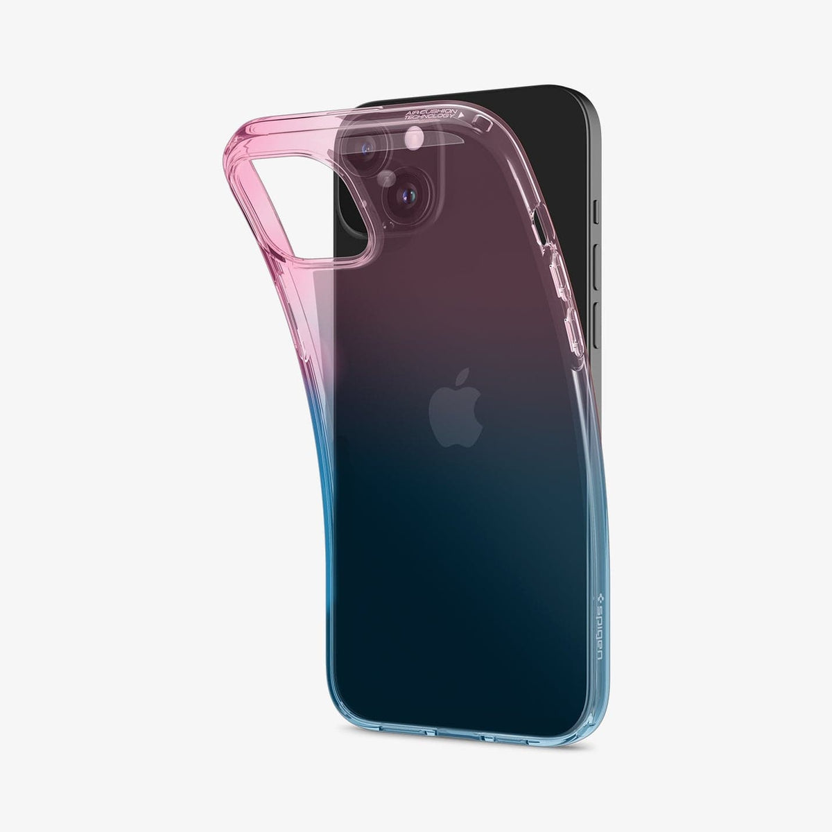 ACS06787 - iPhone 15 Case Liquid Crystal in gradation pink showing the back with case bending away from device to show the flexibility