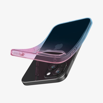 ACS06787 - iPhone 15 Case Liquid Crystal in gradation pink showing the back with case bending away from device to show the flexibility