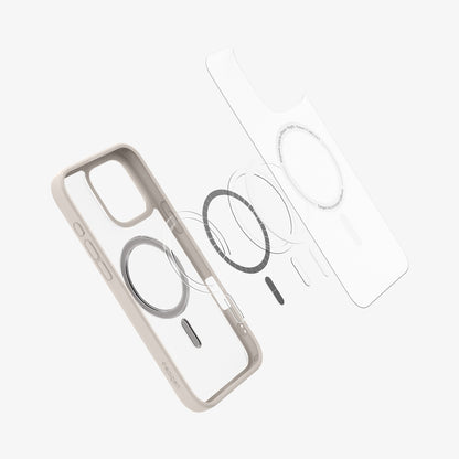 ACS08382 - iPhone 16 Pro Max Case Ultra Hybrid (MagFit) in Frost Natural Titanium showing the front of soft inner layer hovering above the magsafe magnet plate and the case