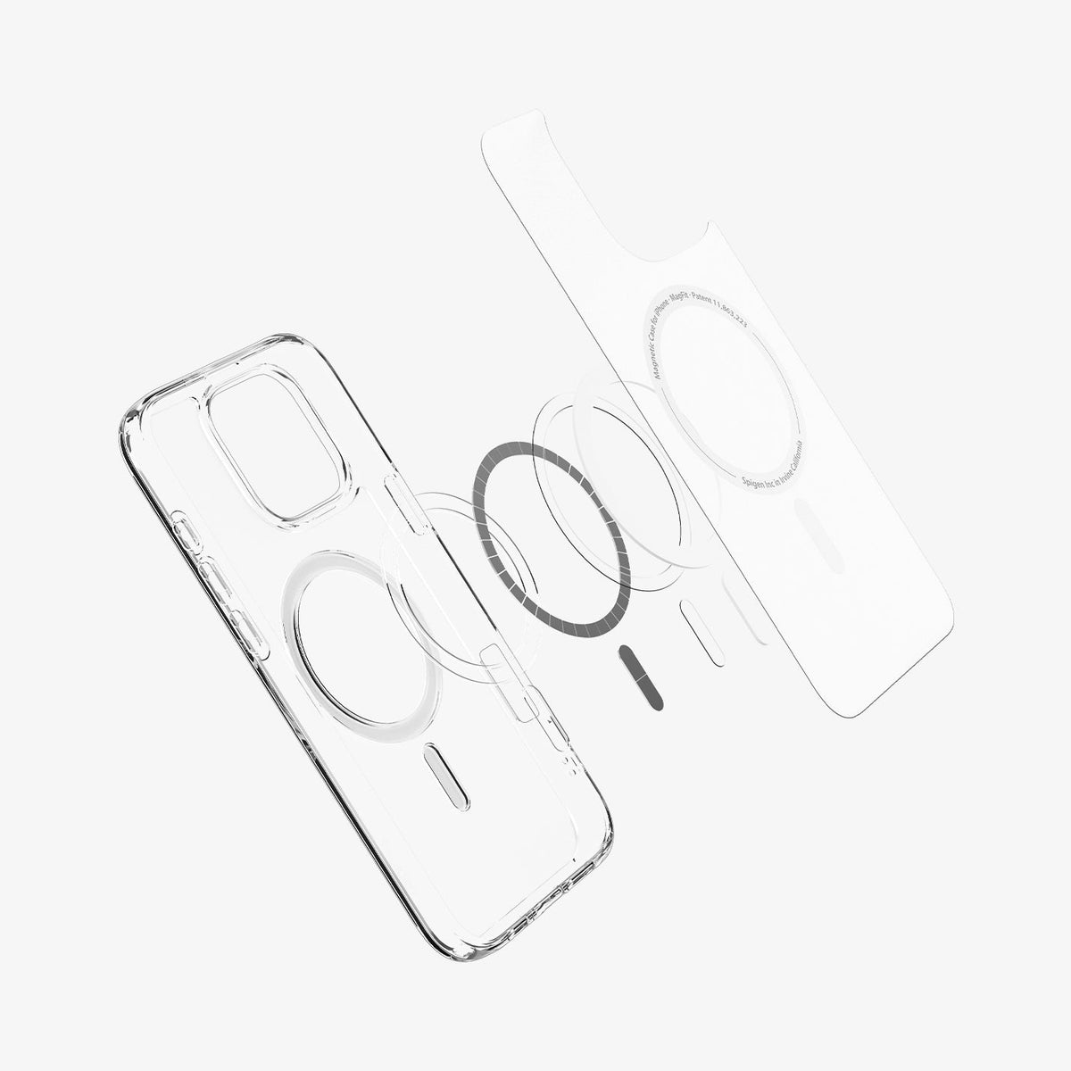 ACS08002 - iPhone 16 Pro Max Case Ultra Hybrid (MagFit) in Frost Clear showing the front of soft inner layer hovering above the magsafe magnet plate and the case