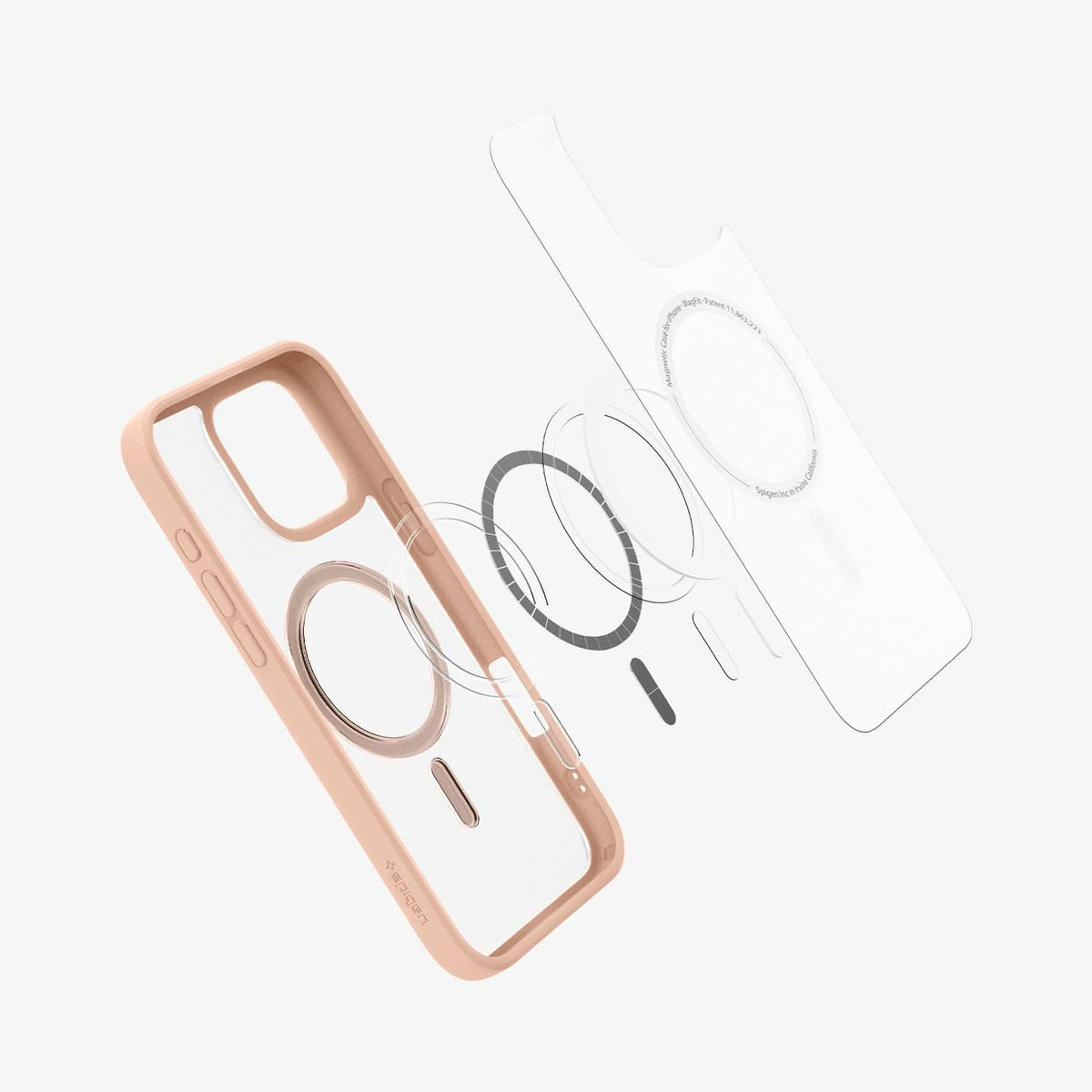 ACS08689 - iPhone 16 Pro Max Case Ultra Hybrid (MagFit) in Frost Rose Titanium showing the front of soft inner layer hovering above the magsafe magnet plate and the case