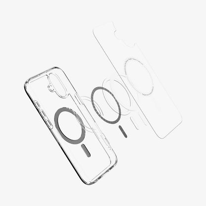 ACS08207 - iPhone 16 Case Ultra Hybrid (MagFit) in Carbon Fiber showing the front of soft inner layer hovering above the magsafe magnet plate and the case