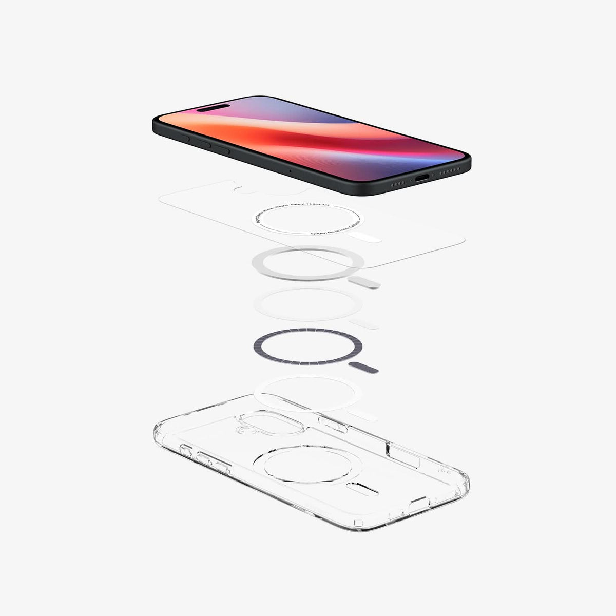 ACS08075 - iPhone 16 Plus Case Ultra Hybrid (MagFit) in White showing the front of the device hovering above the detached back layer of the case, magsafe metal ring plate and back case