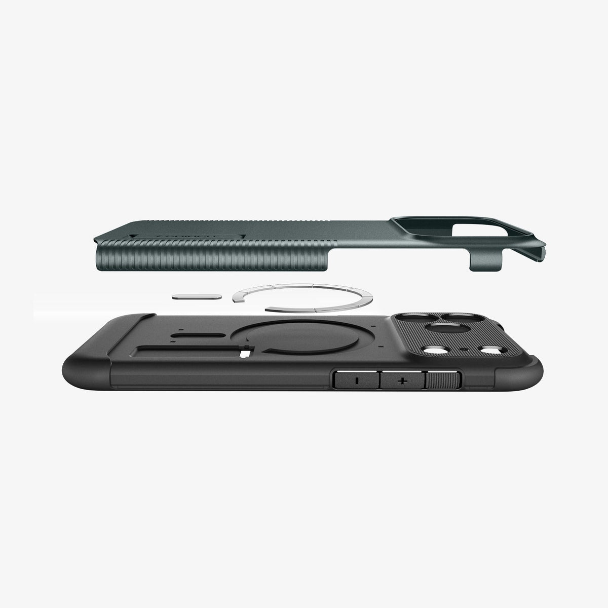 ACS09683 - iPhone 17 Pro Slim Armor (MagFit) in Abyss Green showing the back cover hovering above detached metal ring plate and the back of the case