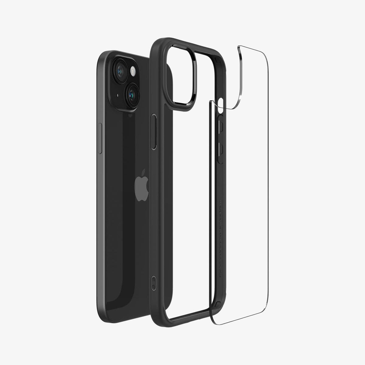 ACS06799 - iPhone 15 Case Ultra Hybrid in matte black showing the back with multiple layers of case hovering away from device