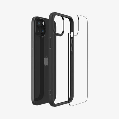 ACS06799 - iPhone 15 Case Ultra Hybrid in matte black showing the back with multiple layers of case hovering away from device