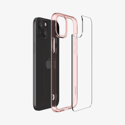 ACS06795 - iPhone 15 Case Ultra Hybrid in rose crystal showing the back with multiple layers of case hovering away from device