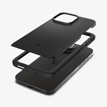 ACS06686 - iPhone 15 Pro Case Thin Fit in black showing the multiple layers of case hovering above the device