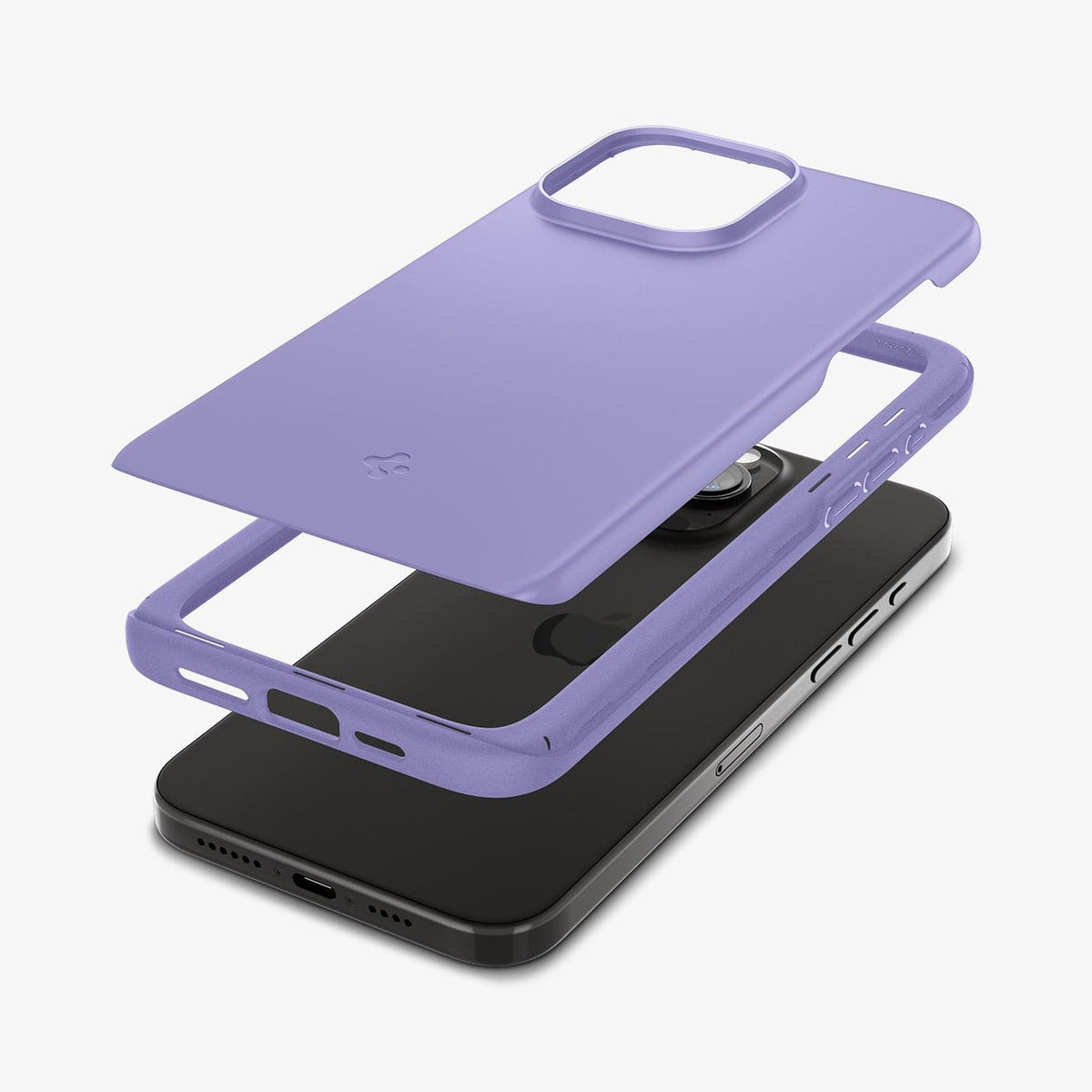 ACS06692 - iPhone 15 Pro Case Thin Fit in iris purple showing the multiple layers of case hovering above the device