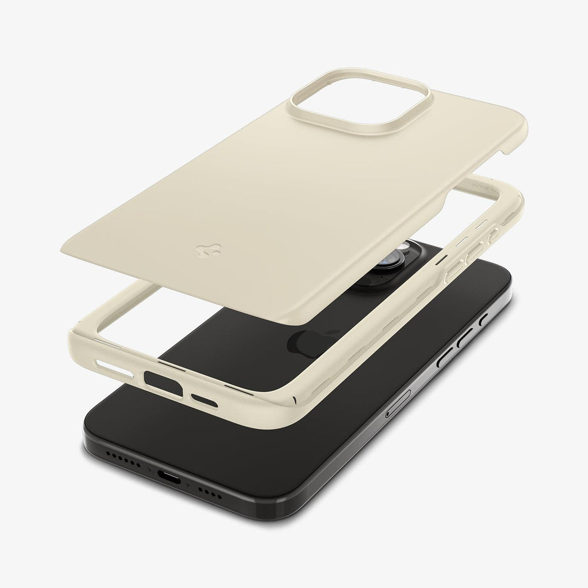 ACS06694 - iPhone 15 Pro Case Thin Fit in mute beige showing the multiple layers of case hovering above the device