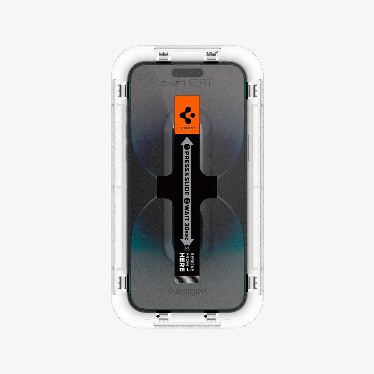 AGL05214 - iPhone 14 Pro Screen Protector EZ FIT GLAS.tR (Sensor Protection) showing the ez fit tray installed onto the device front view