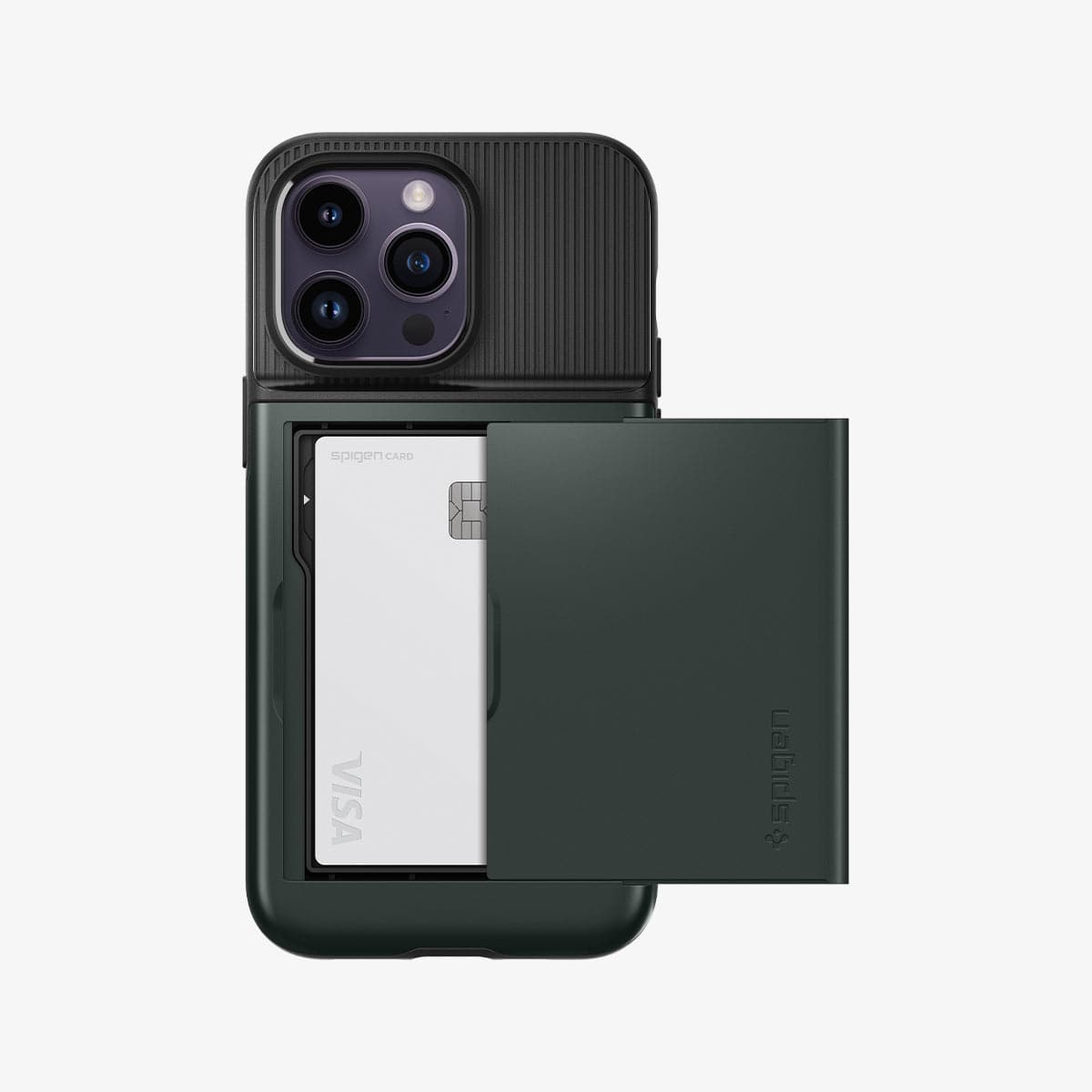 ACS04983 - iPhone 14 Pro Case Slim Armor CS in abyss green showing the back with card slot open and card in slot