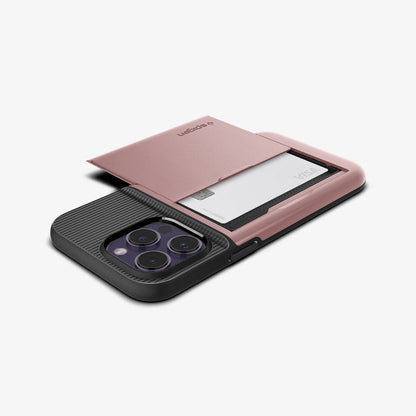 ACS04981 - iPhone 14 Pro Case Slim Armor CS in rose gold showing the back and side with card in slot and device laying flat