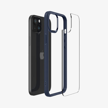 ACS06659 - iPhone 15 Plus Case Ultra Hybrid in navy blue showing the back with multiple layers of case hovering away from device