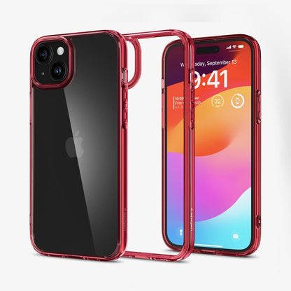 ACS06654 - iPhone 15 Plus Case Ultra Hybrid in red crystal showing the back, inside and front