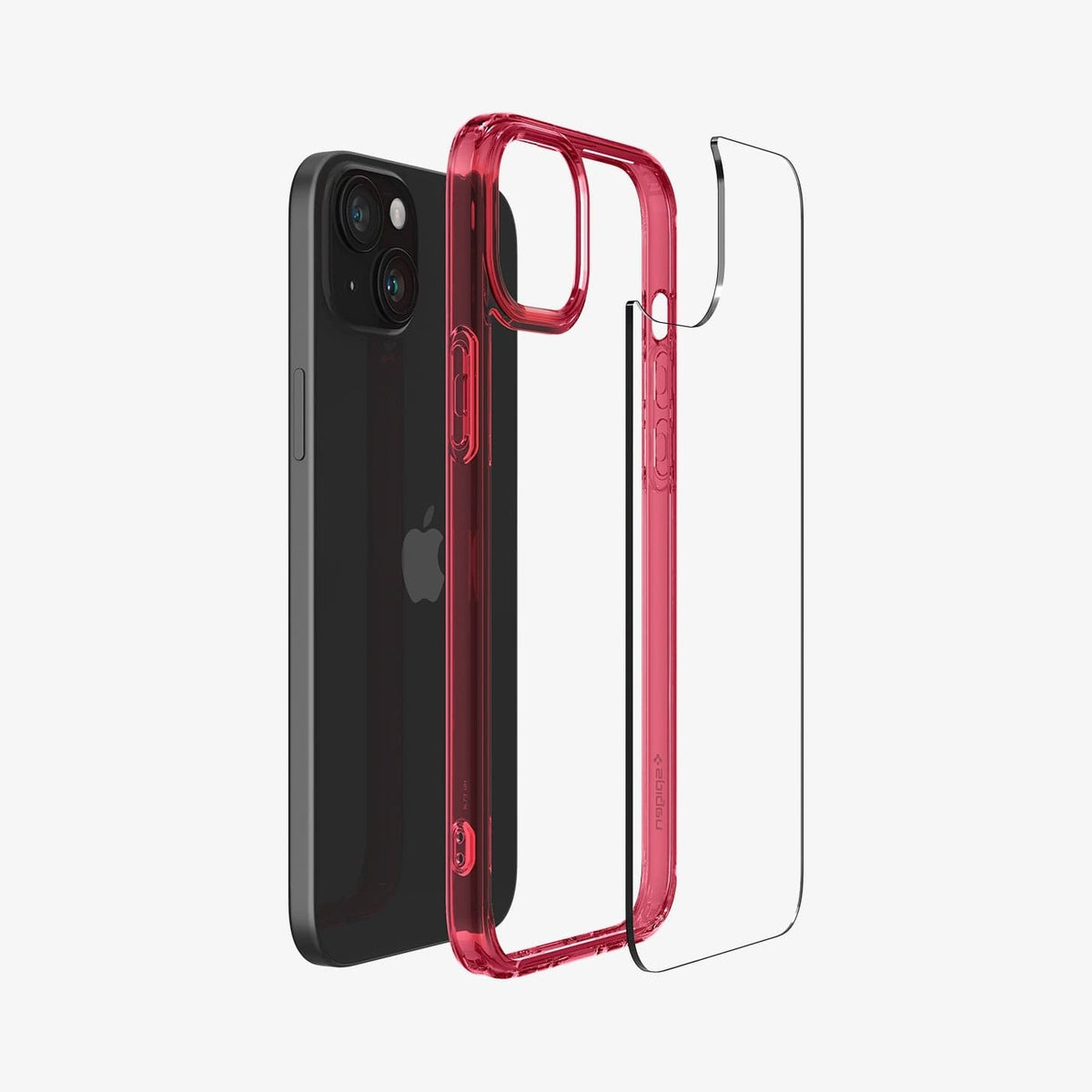 ACS06654 - iPhone 15 Plus Case Ultra Hybrid in red crystal showing the back with multiple layers of case hovering away from device