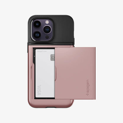 ACS04836 - iPhone 14 Pro Max Case Slim Armor CS in rose gold showing the back with card slot open and card in slot