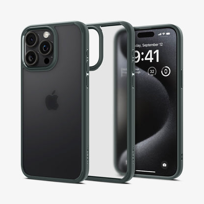 ACS06569 - iPhone 15 Pro Max Case Ultra Hybrid in frost green showing the back and front