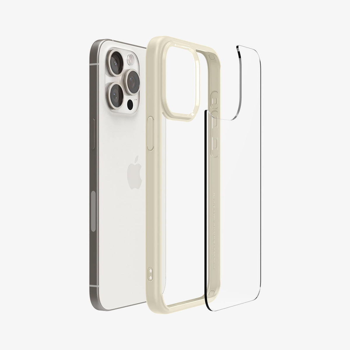 ACS06712 - iPhone 15 Pro Case Ultra Hybrid in mute beige showing the back with multiple layers of case hovering away from device