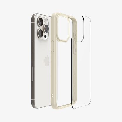 ACS06712 - iPhone 15 Pro Case Ultra Hybrid in mute beige showing the back with multiple layers of case hovering away from device