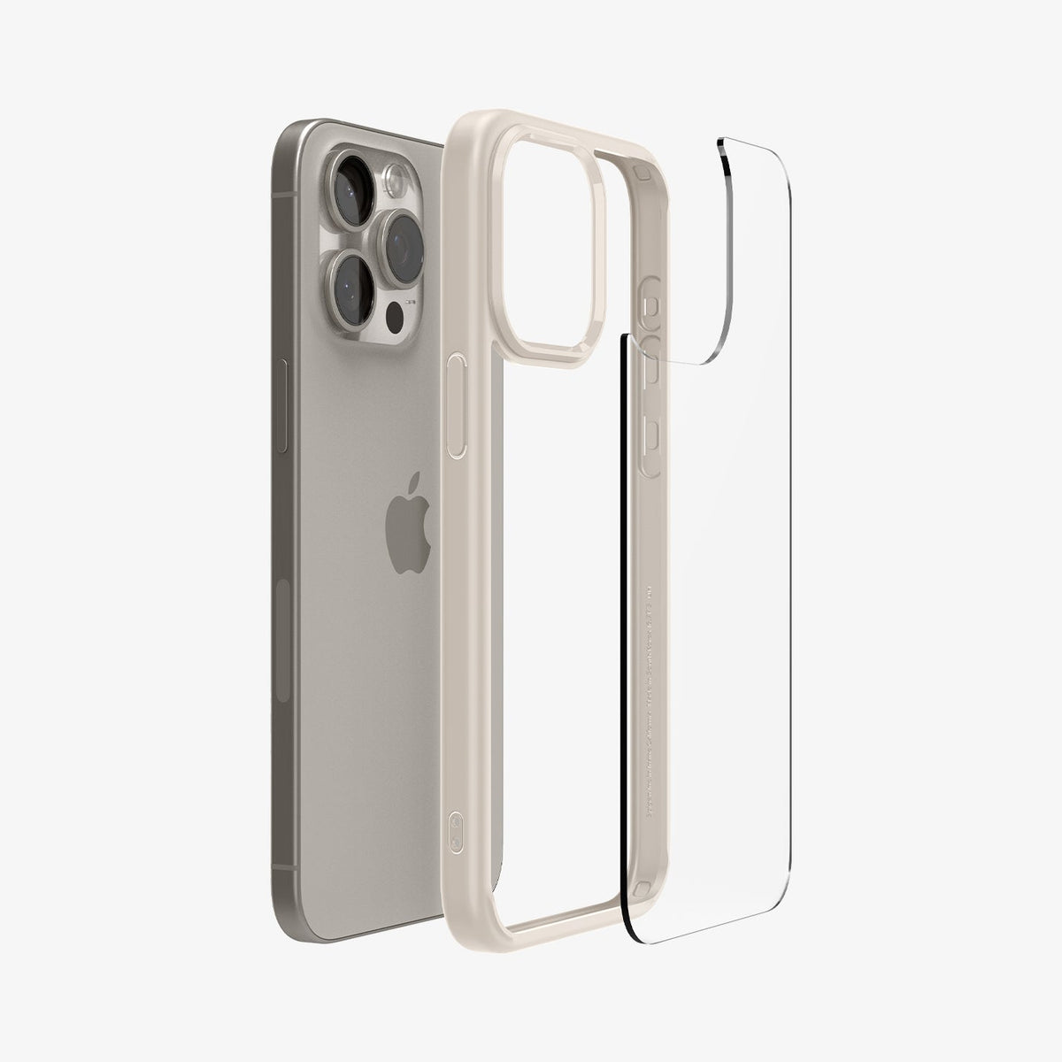 ACS07209 - iPhone 15 Pro Max Ultra Hybrid Case in Natural Titanium showing the back of glass case hovering the hard layer case frame and device