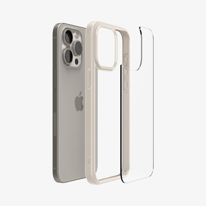 ACS07209 - iPhone 15 Pro Max Ultra Hybrid Case in Natural Titanium showing the back of glass case hovering the hard layer case frame and device