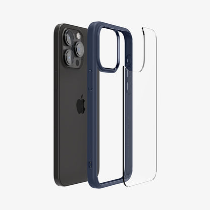 ACS06573 - iPhone 15 Pro Max Case Ultra Hybrid in navy blue showing the back with multiple layers of case hovering away from device