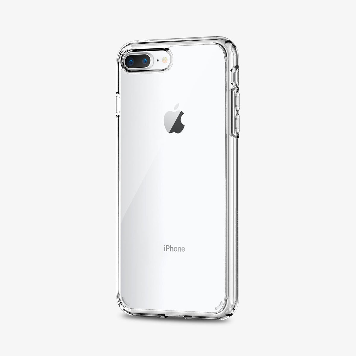 043CS21052 - iPhone 8 Plus Ultra Hybrid in Crystal Clear showing the back, showing partial side with side buttons