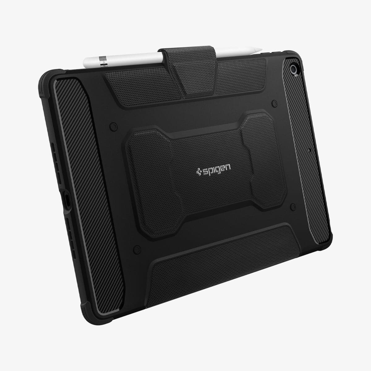 ACS01216 - iPad 10.2" Case Rugged Armor Pro in black showing the back and bottom with pencil in slot