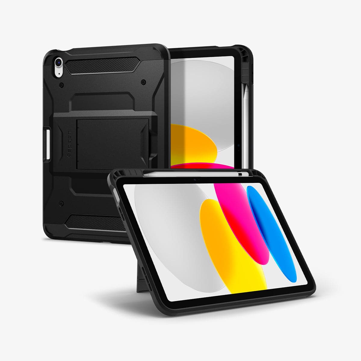 ACS05418 - iPad 10.9" Case Tough Armor Pro in black showing the back, front and device propped up by built in kickstand