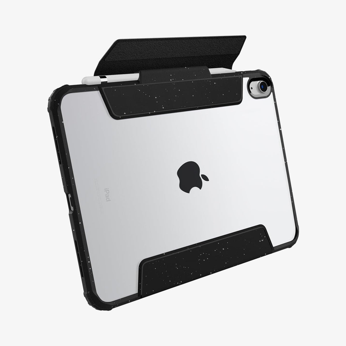 ACS05941 - iPad 10.9" Case Ultra Hybrid Pro in speckled black showing the back and bottom with cover flap open