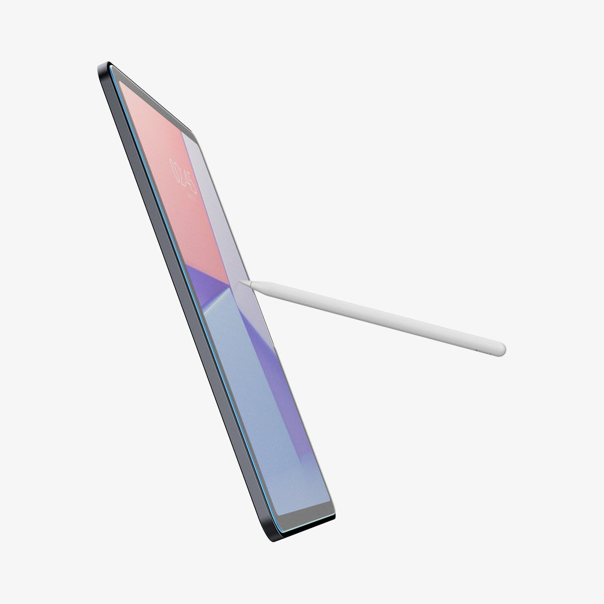 AGL07799 - iPad Air 10.9-inch Paper Touch EZ Fit in Clear showing the side, partial front with screen protector installed and a stylus pen touching the screen