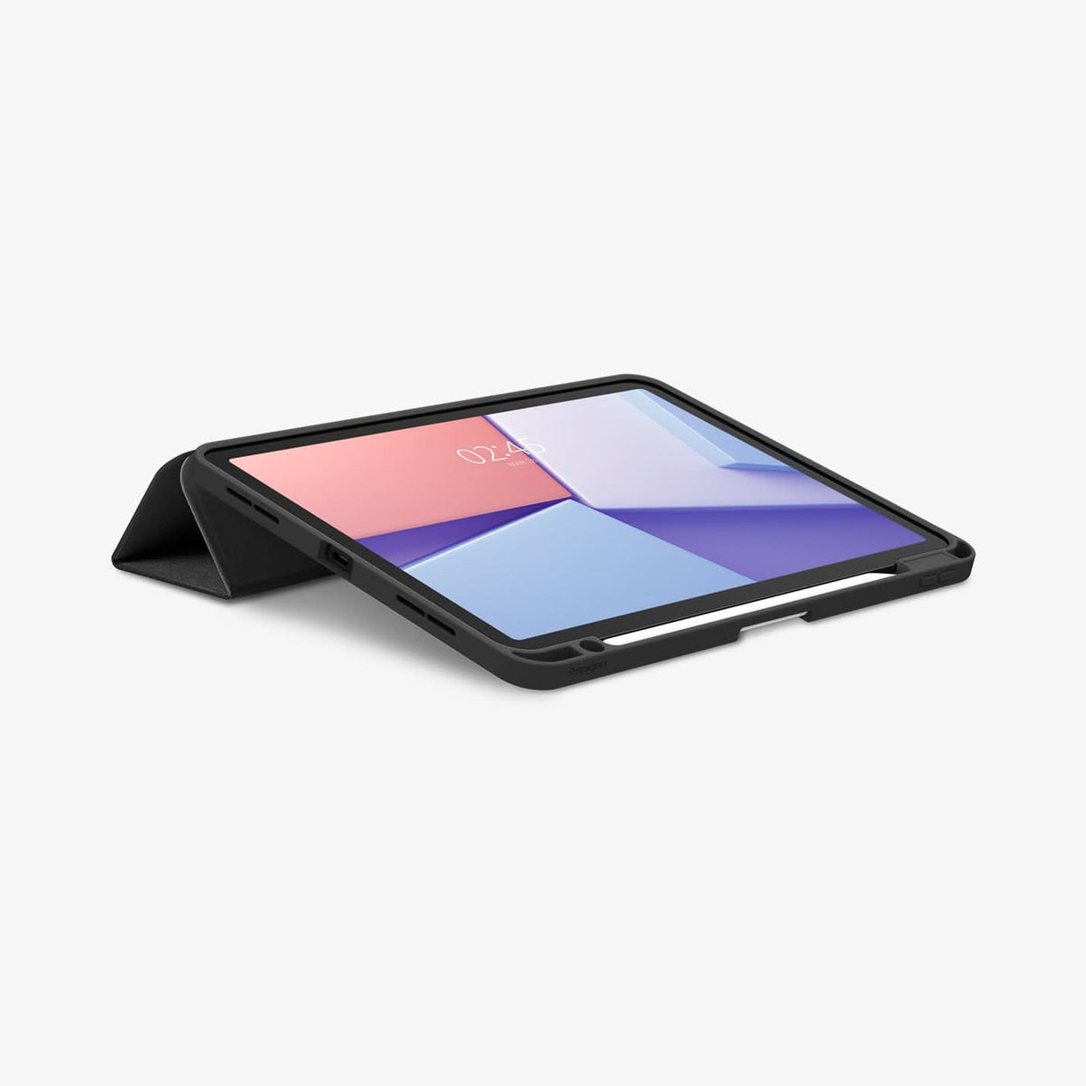 ACS07754 - iPad Air 10.9-inch (2022) Case Urban Fit in Black showing the front, partial sides with stylus pen attached while front case propped up as a kickstand