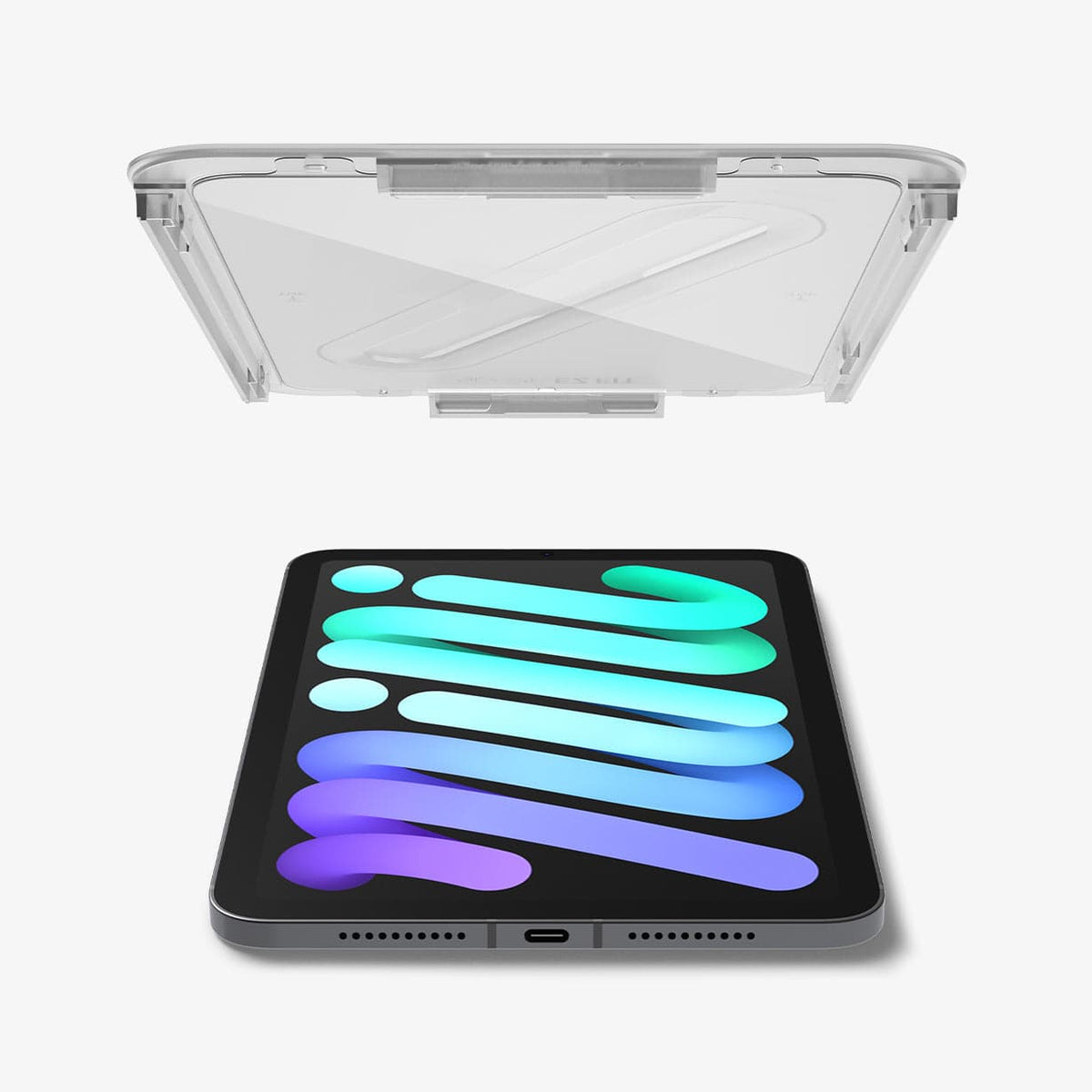 AGL03824 - iPad Mini 6 Screen Protector EZ FIT GLAS.tR showing the ez fit tray hovering above the device